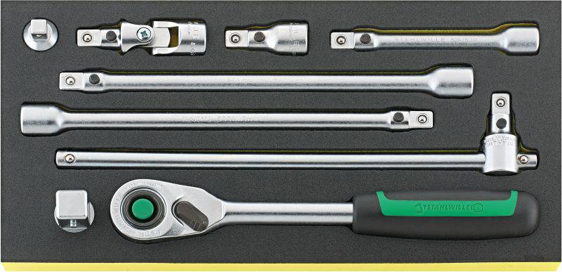 A set of metal ratchets and extensions in a foam insert, including a handle with a green button.