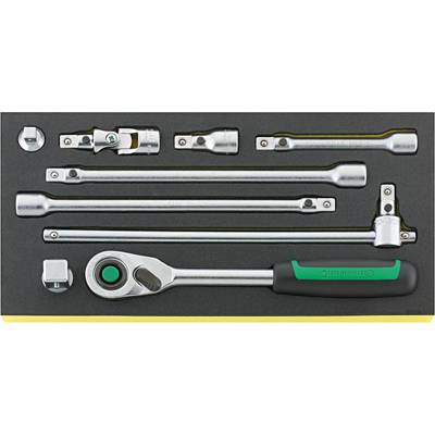A set of metal ratchets and extensions in a foam insert, including a handle with a green button.