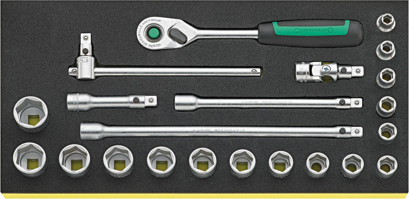 A tool set with a ratchet, extensions, joints and socket wrenches. All parts are neatly arranged on a black background.