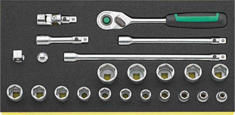 Tool set with ratchet, extensions and various socket attachments in a foam insert for organised storage.
