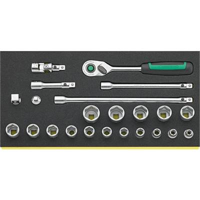 Tool set with ratchet, extensions and various socket attachments in a foam insert for organised storage.