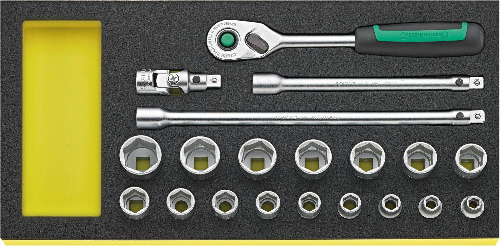 A ratchet socket set with extensions and various socket sizes in a yellow toolbox.