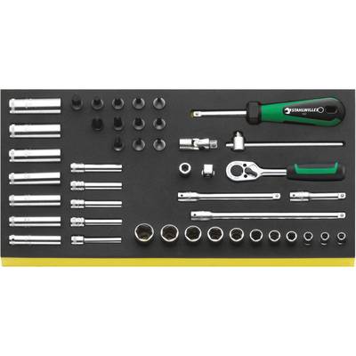 Mechanic's tool set with ratchets, extensions and various socket sizes, neatly arranged in a case.
