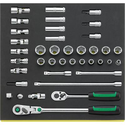 'Ratchet socket set with extensions and sockets in various sizes, arranged on a black background.'