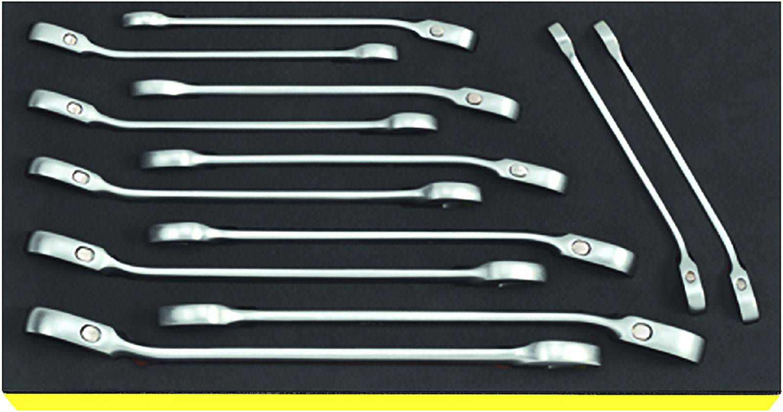A set of ten silver spanners in various sizes, arranged on a black background.