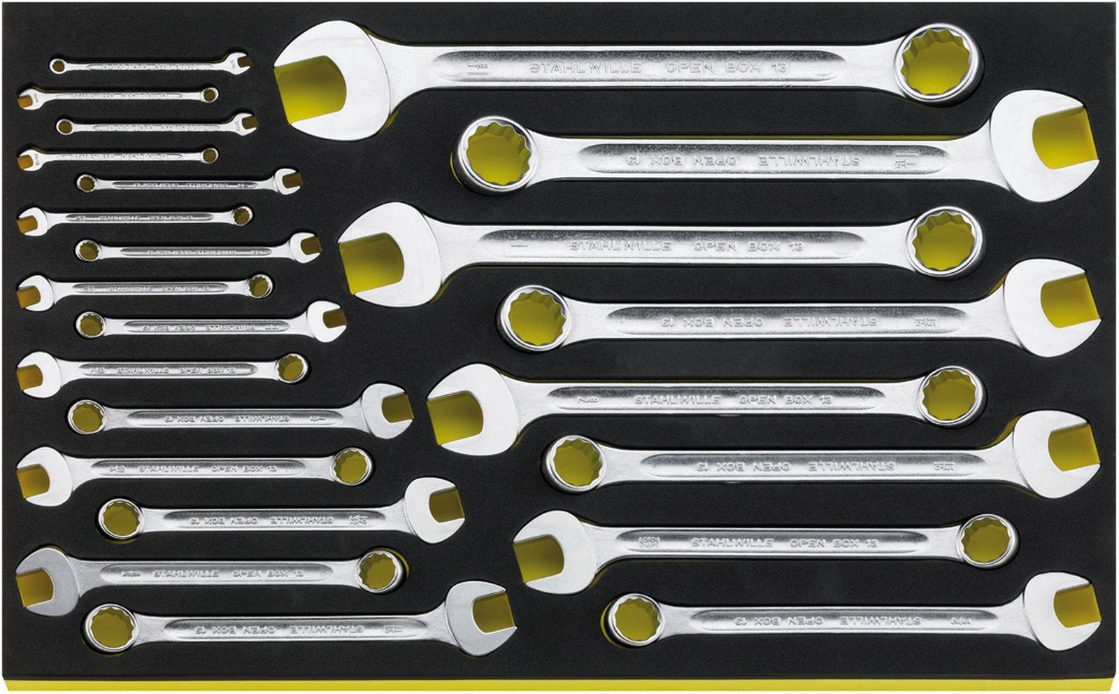 A set of 26 silver spanners in varying sizes, neatly arranged on a black background with yellow inserts.