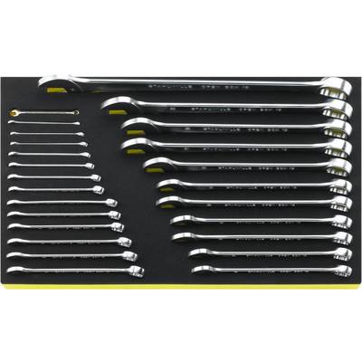 A set of 23 double-sided spanners in various sizes, arranged by size on a black foam holder.