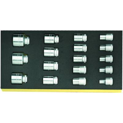 A set of wooden plugs in a foam insert. Each wooden plug has different sizes, sorted from left to right.