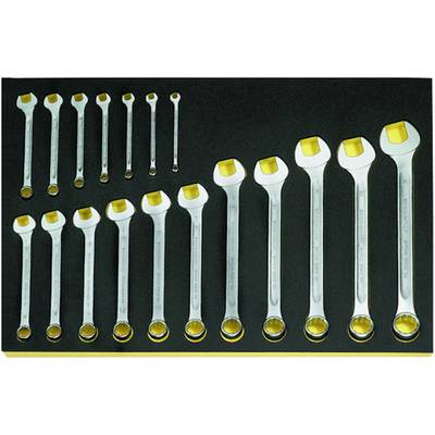 A set of open-ended ring spanners in various sizes, neatly arranged on a black background.