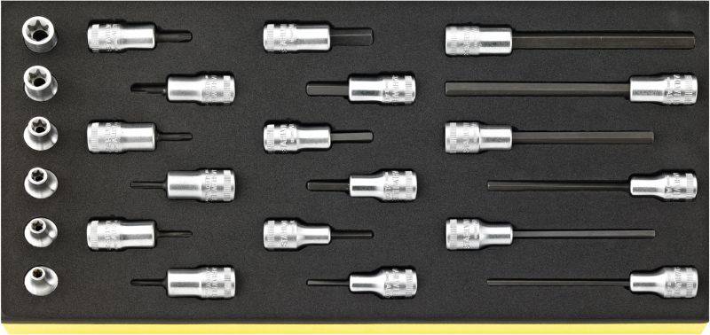 'Set of socket nuts and extensions in a toolbox, neatly arranged.'