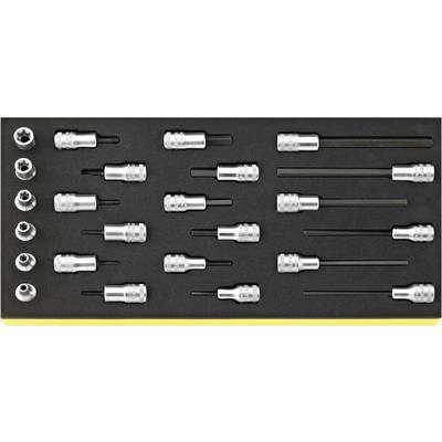 'Set of socket nuts and extensions in a toolbox, neatly arranged.'