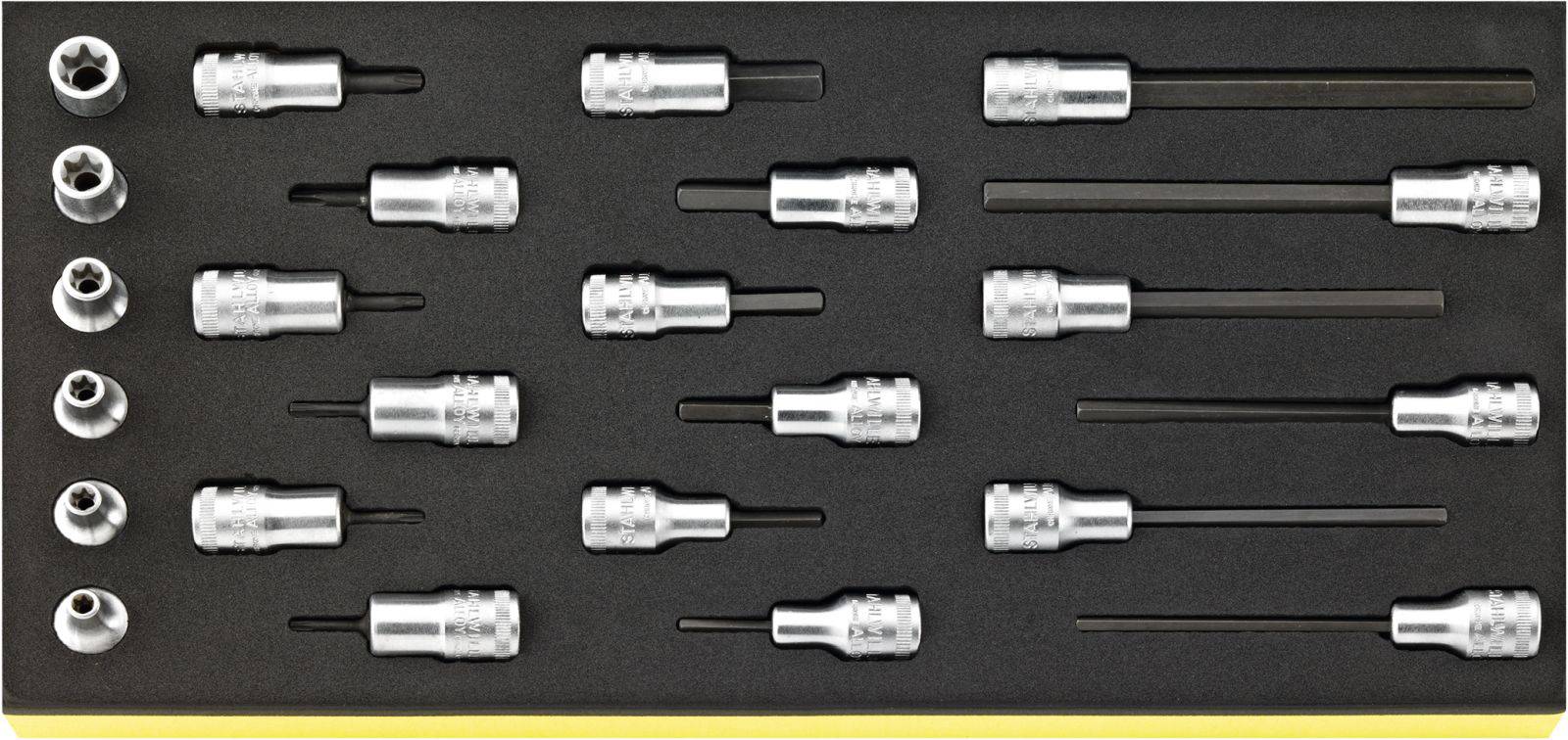 A socket wrench set with various Allen and Torx heads in a black foam insert for storage and organisation.