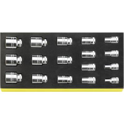'Set of 15 chrome-plated socket wrenches in various sizes in a yellow box.'