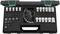 Tool kit with socket wrench sets of various sizes and shapes, organised in a black case with a carry handle.
