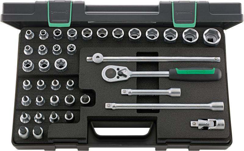 Socket wrench set in an open case, comprising multiple sockets, a ratchet, and extensions, suitable for various assembly tasks.