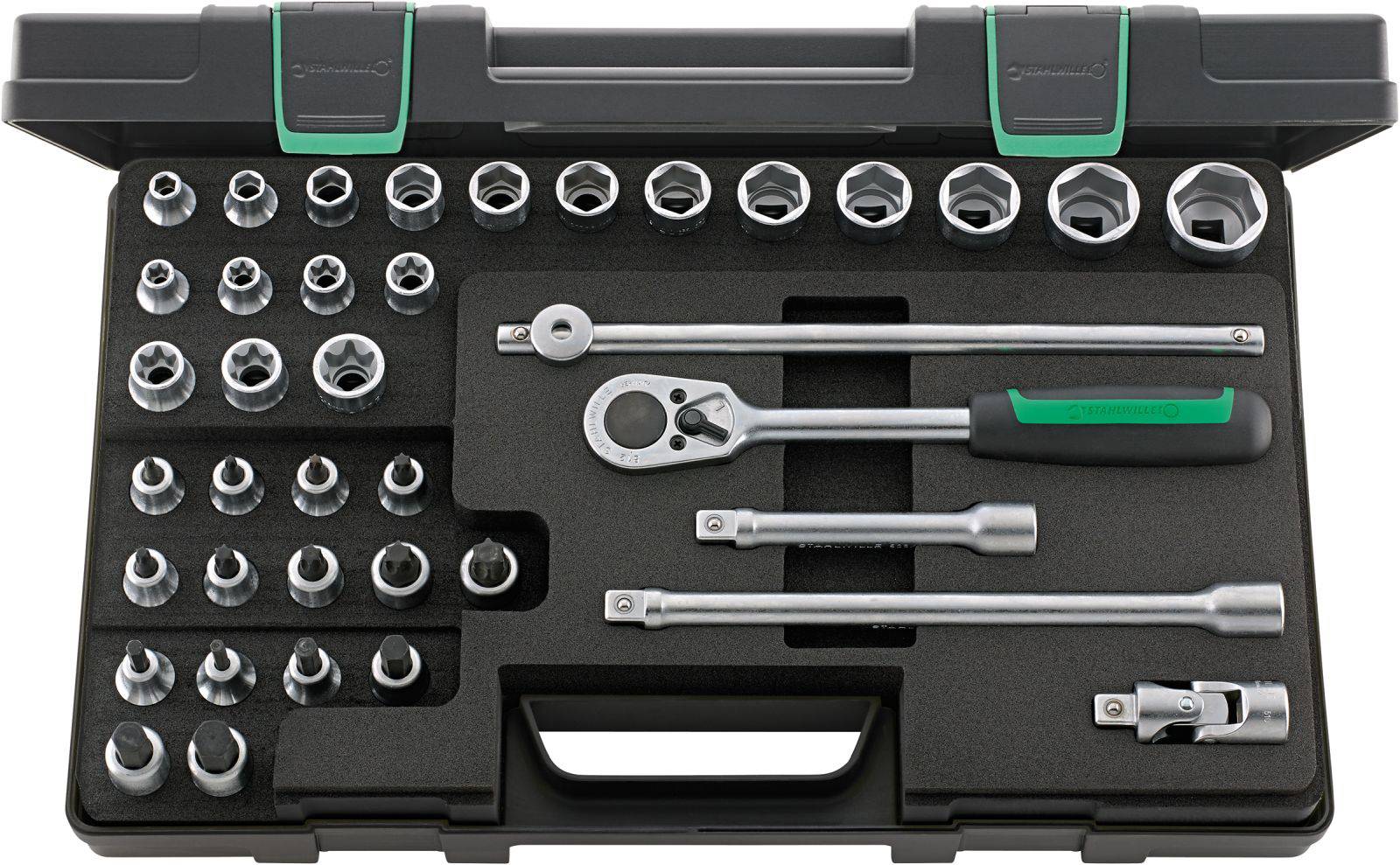 A socket wrench set in a case, comprising various socket sizes, a ratchet, extensions, and accessories.