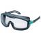 Safety glasses with clear lenses, black frame and green accents. Suitable for use in work environments to protect the eyes.