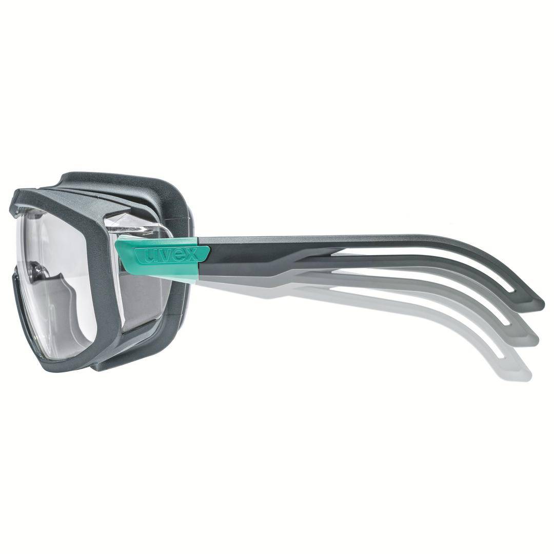 A modern safety glasses with grey arms and clear lenses, shown from the side.