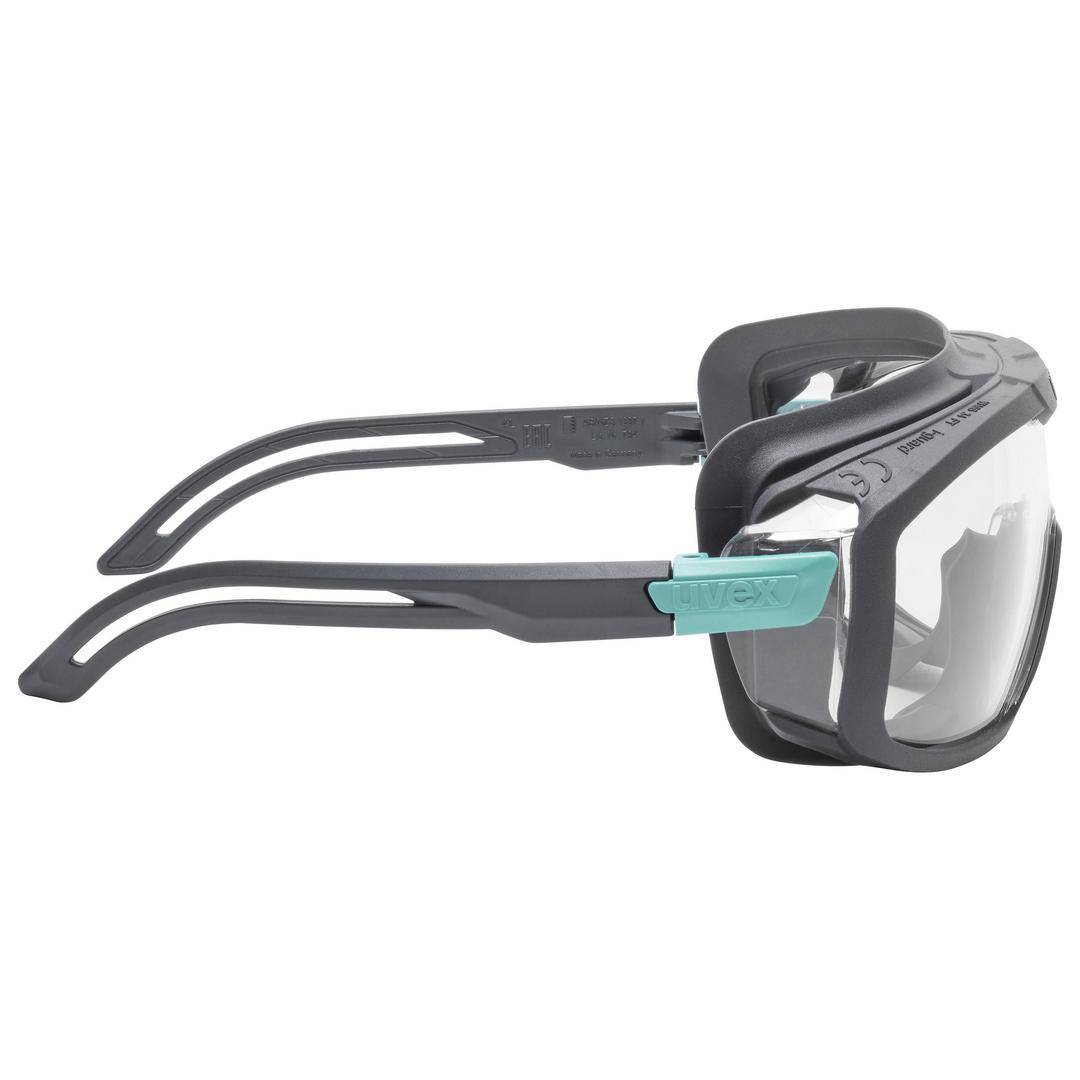 Black safety glasses with clear lenses and turquoise detail on the arms, suitable for workplace protection applications.