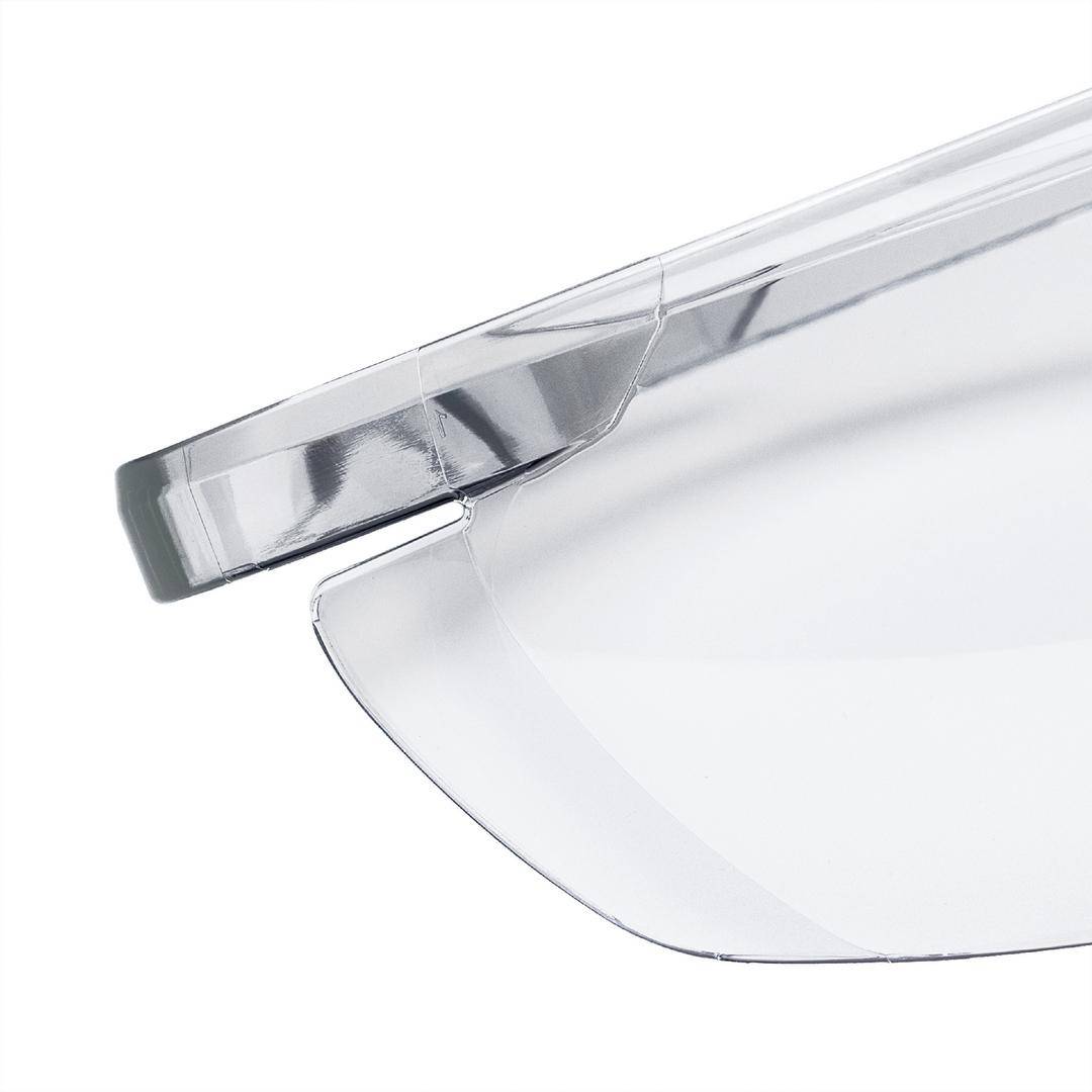 A transparent safety spectacle, shown from the side, displays the design of the clear lenses and frame, suitable for eye protection.