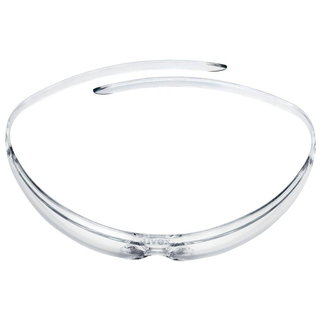 A transparent, curved safety goggles without arms, suitable for safe use in laboratories or workshops.