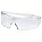 Clear safety glasses with an enveloping design, protecting the eyes from potential hazards.