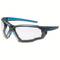 Sporty safety glasses with blue accents and clear lenses, suitable for outdoor activities.