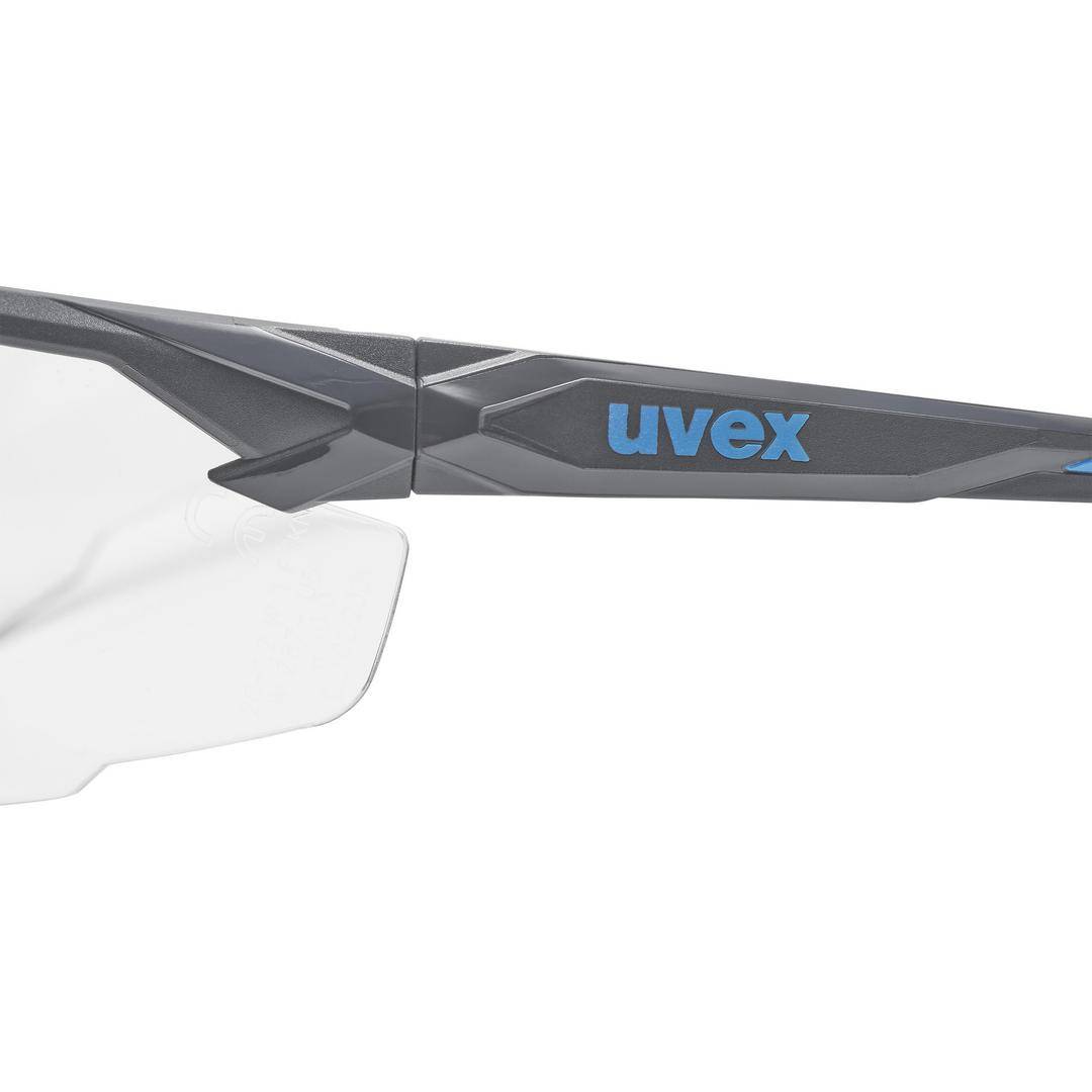A black and grey safety spectacle with the blue 'uvex' logo on the arm.
