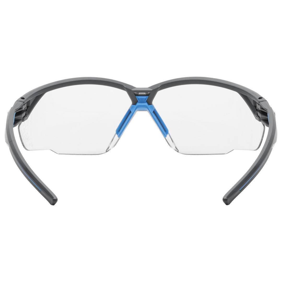 A stylish, sporty pair of glasses with a black and blue frame, designed for outdoor activities.