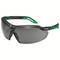 Grey safety glasses with black frames and green accents. 'uvex' brand visible on the right arm.