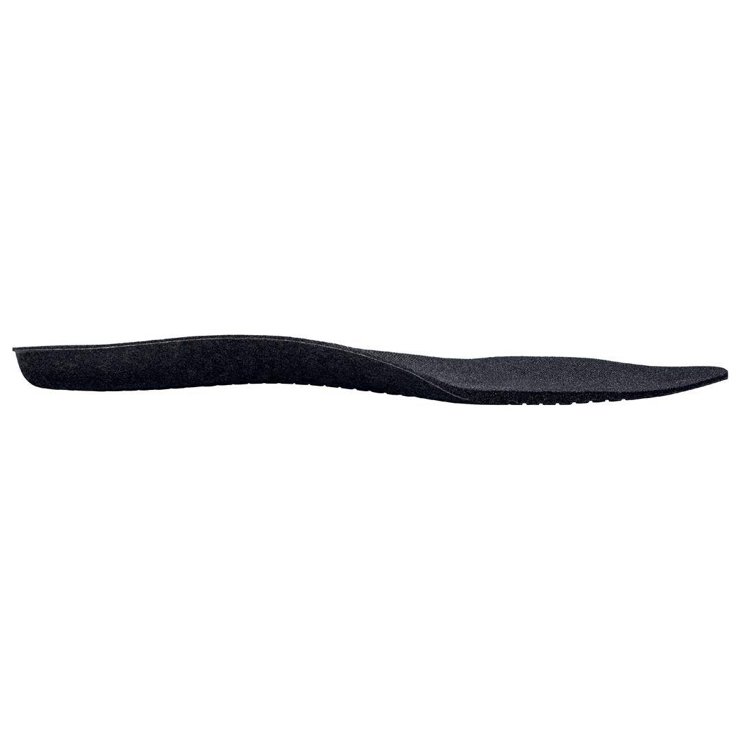 A black, ergonomically shaped insole, viewed from the side, shows a slight curvature to support the foot arch.