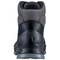 A black hiking boot viewed from behind with a grey, padded shaft and robust sole, suitable for outdoor activities.