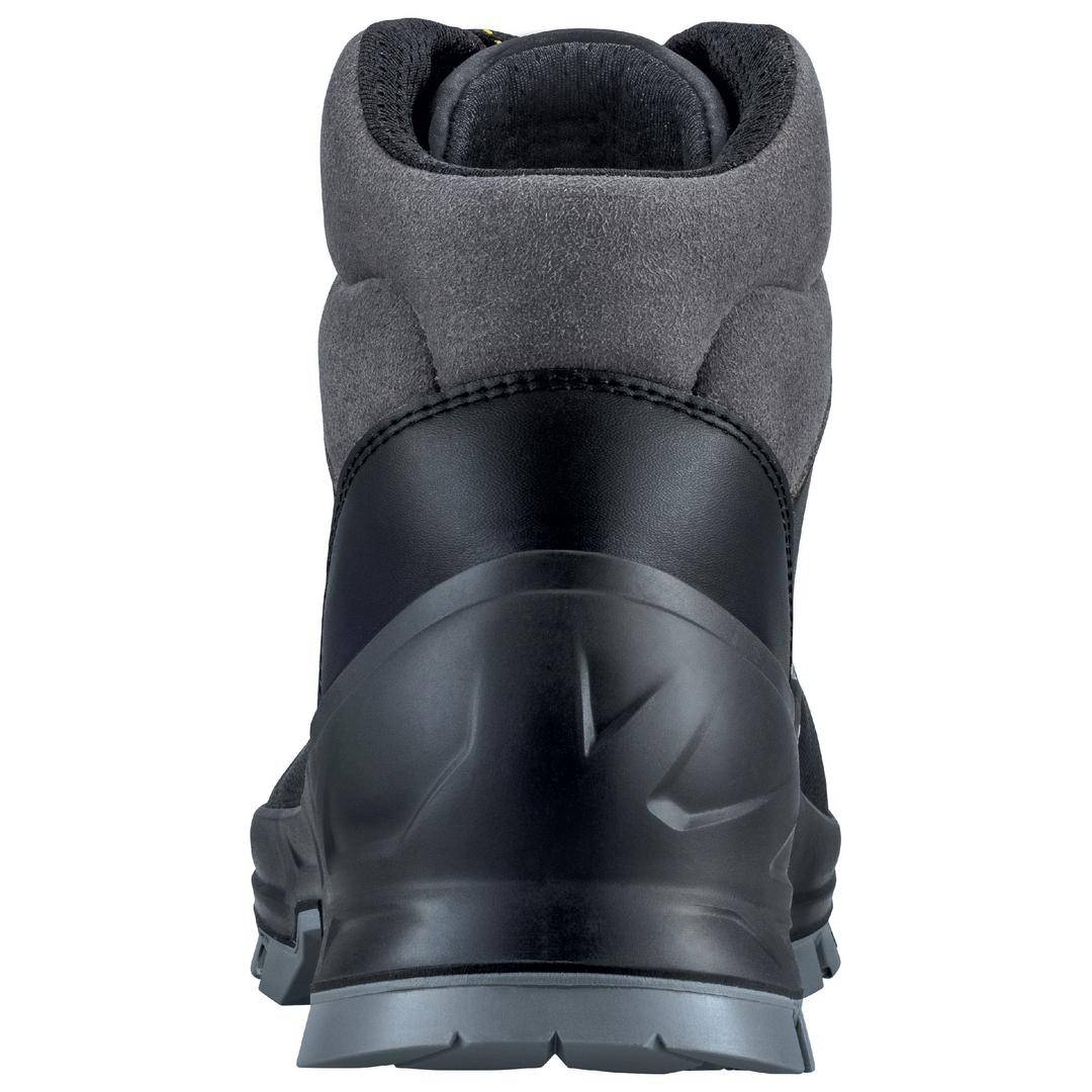 A black winter boot with a thick, padded fabric shaft and sturdy sole, viewed from behind.