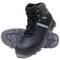 'Black, padded safety shoes with blue accents and non-slip sole, suitable for industrial use.'