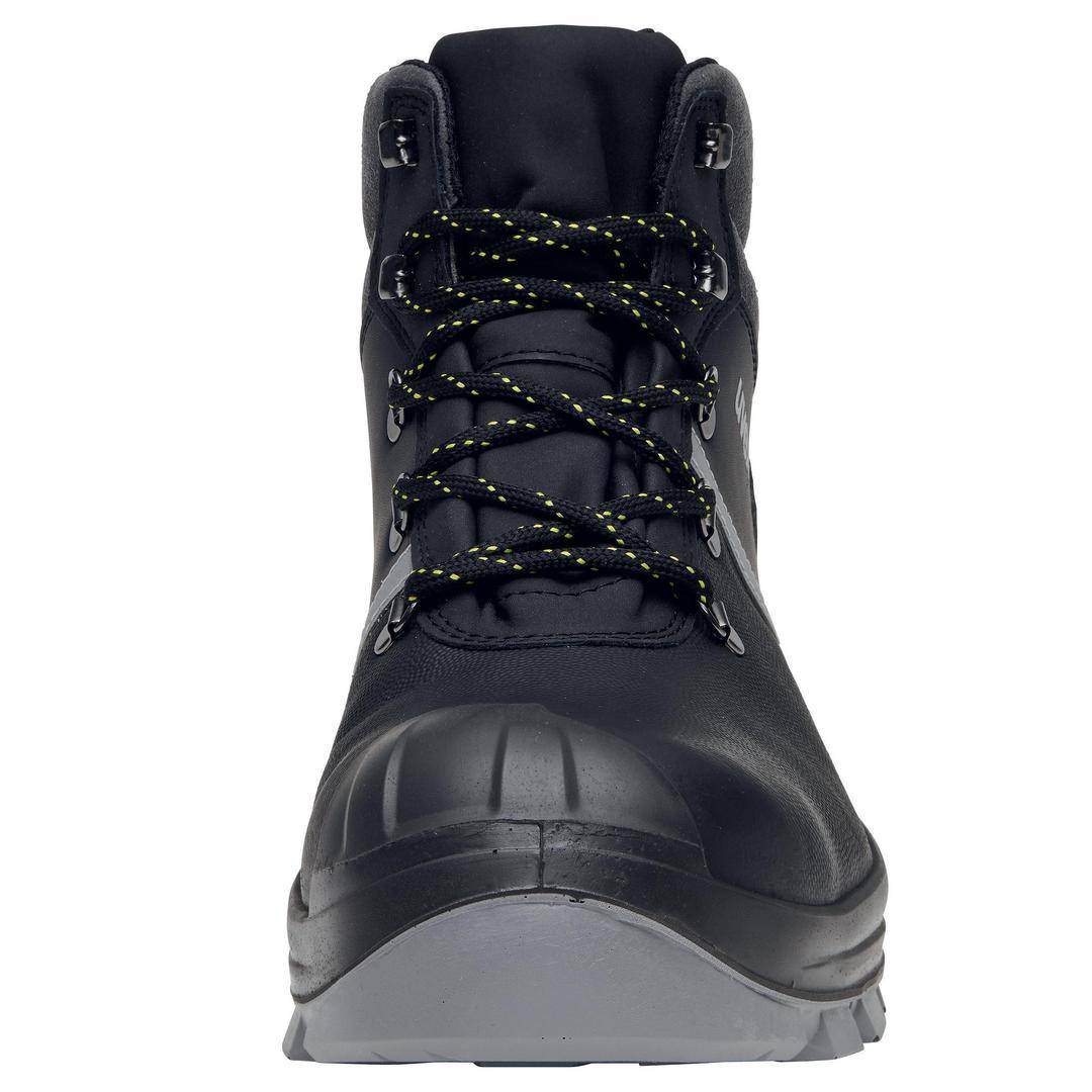 Black safety boots with a grey sole and yellow-black laces, photographed from the front.