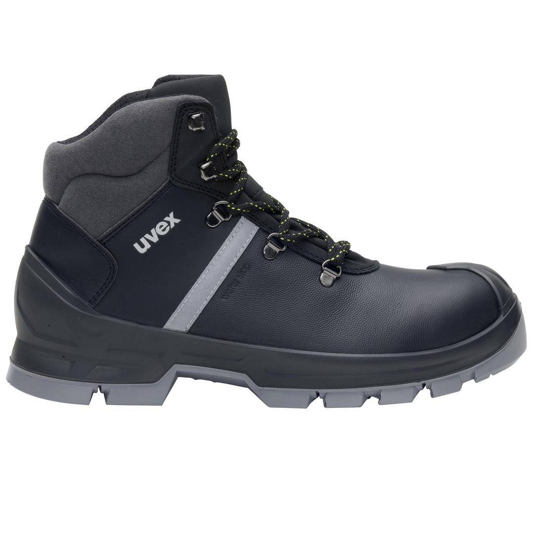 A black safety shoe with grey lining and a black sole. The white 'uvex' logo is located on the upper.