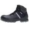 The shoe in the picture is a black safety boot with a high shaft and reflective strip. It has a non-slip sole.