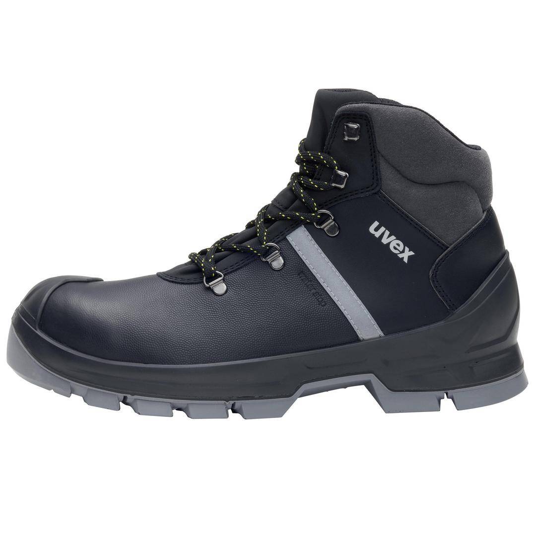 Black safety boots with grey sole and lacing, with 'uvex' printed on the side.