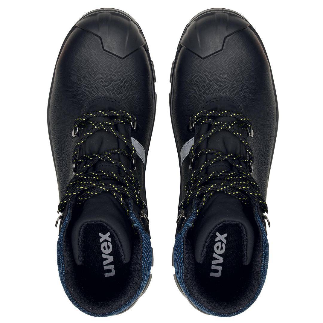 Black safety shoes viewed from above, with blue and black-yellow laces, 'Uvex' brand name visible inside.