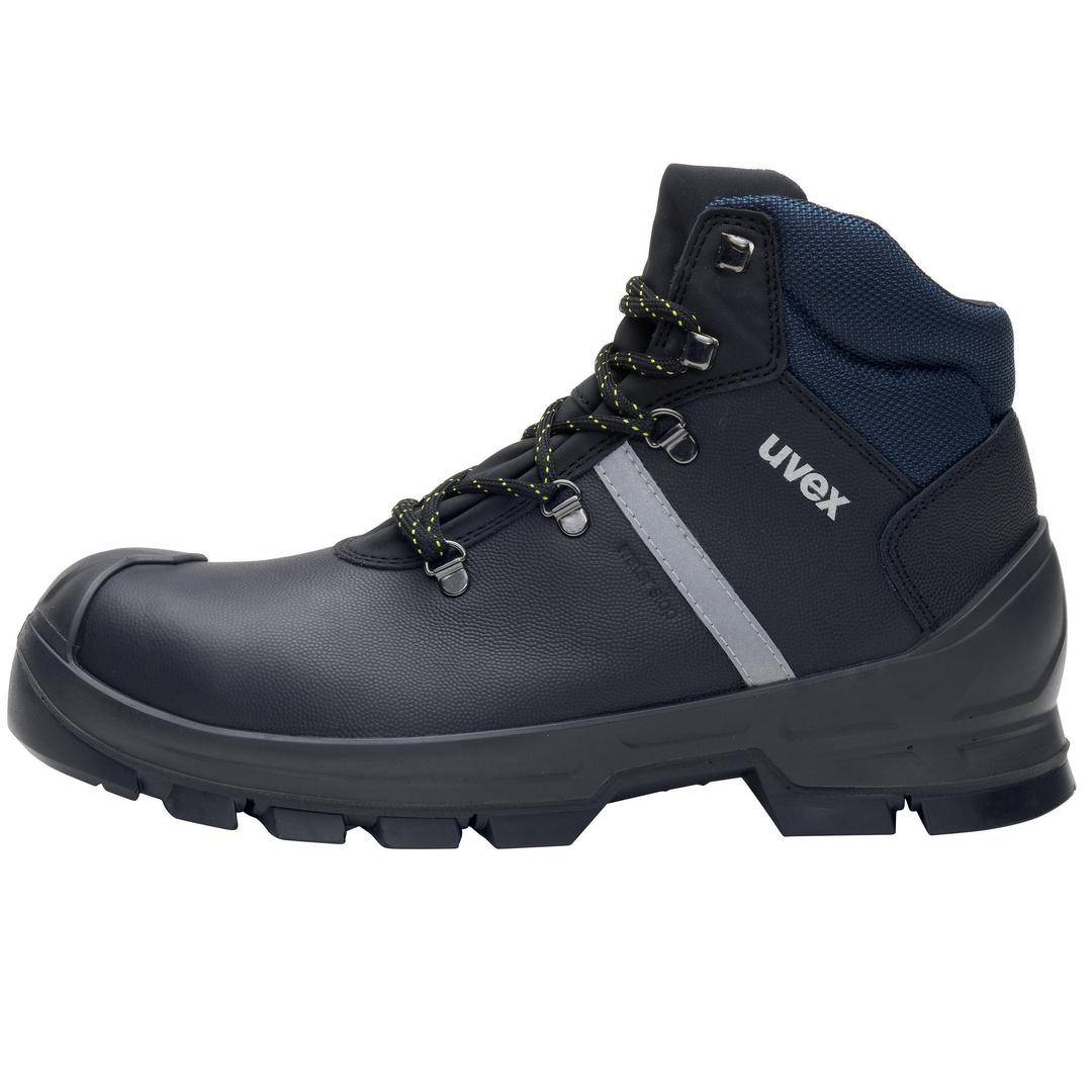 Black safety shoe with robust sole, blue details, and reflective stripe on the side. Suitable for construction work.