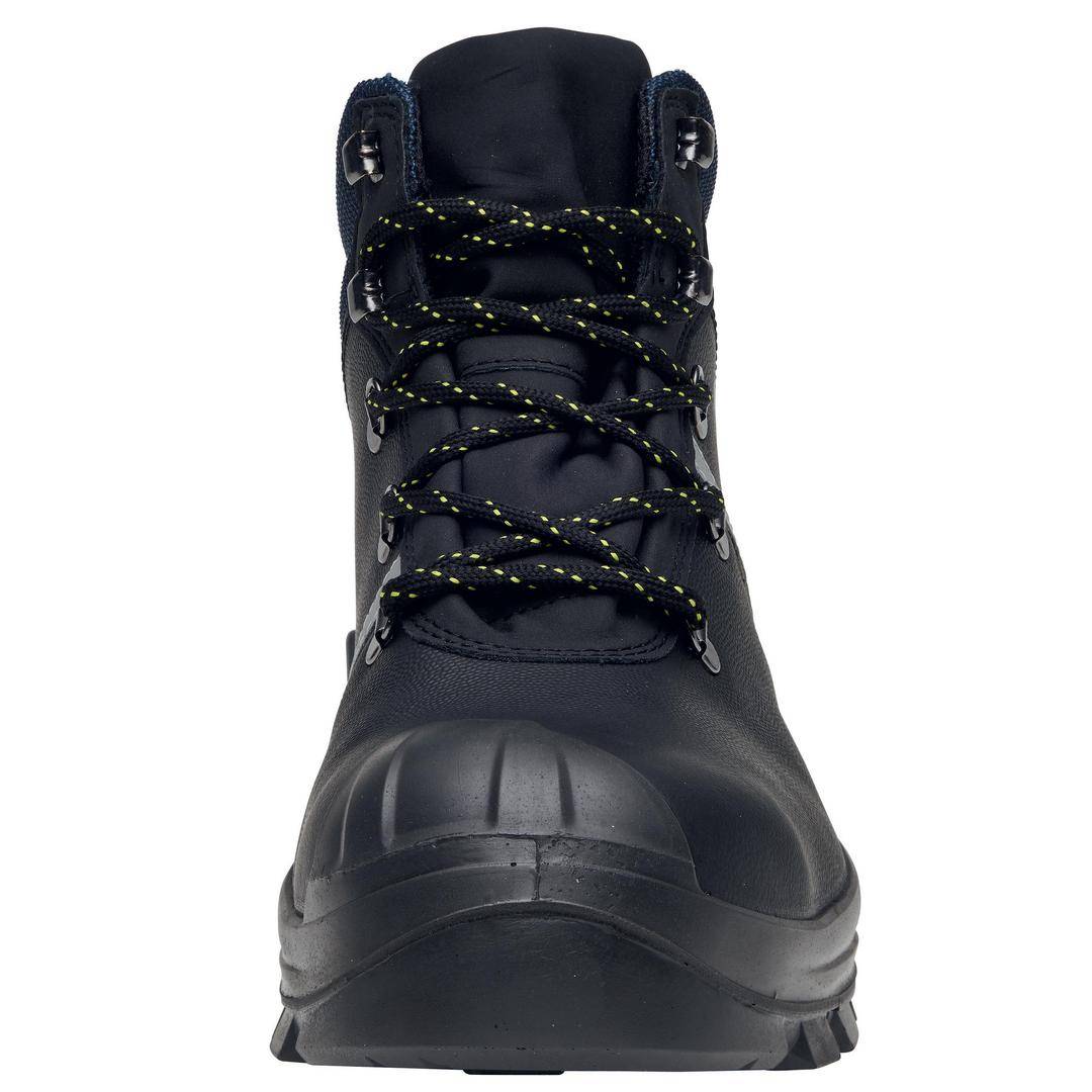 Black safety shoe with reinforced toe cap, robust rubber sole and black-yellow laces, front view.