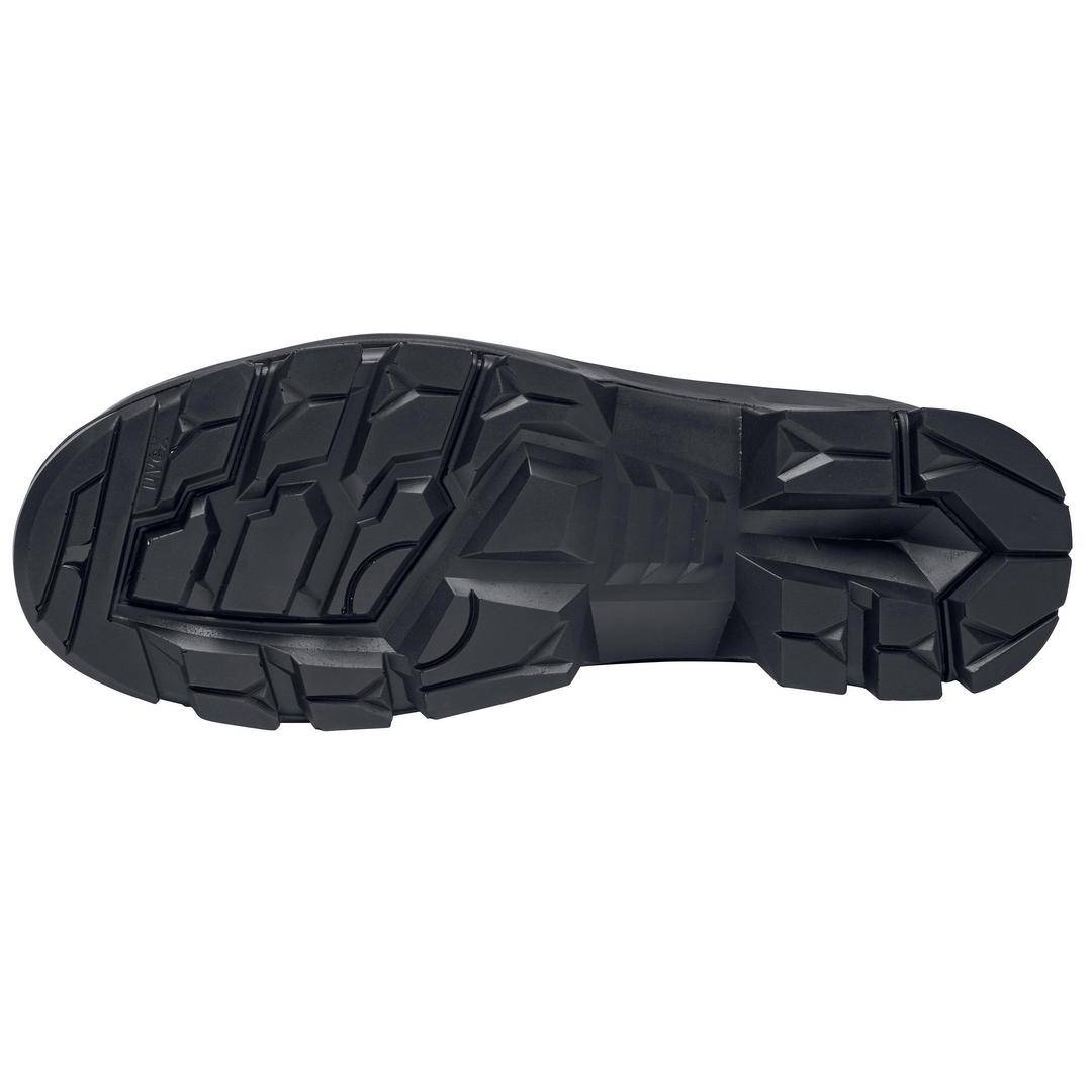 The sole of a black boot with a rugged tread and reinforced heel, suitable for trail running or outdoor work.