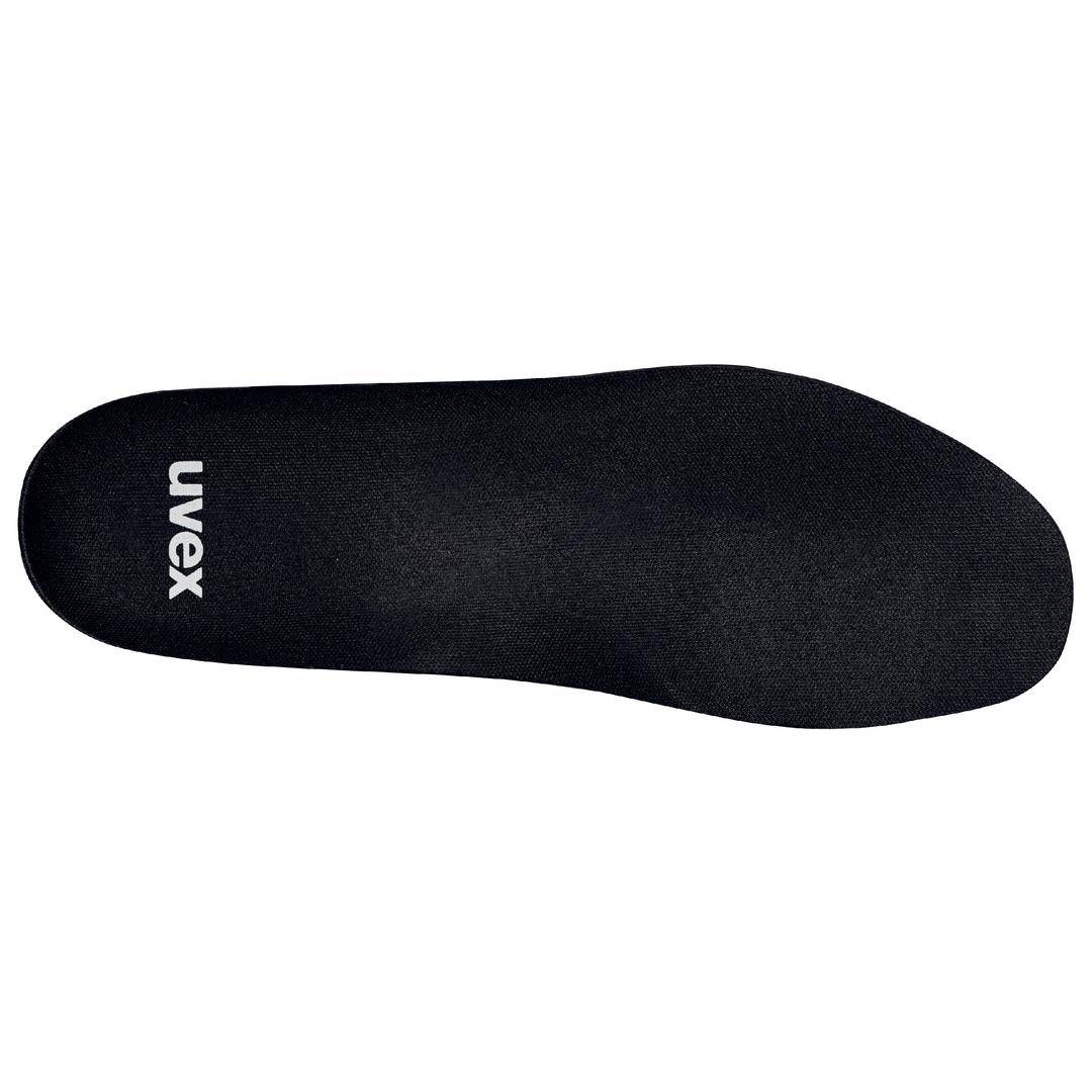 Black insole with the white 'uvex' logo in the top left, showing the underside and contour of the sole.