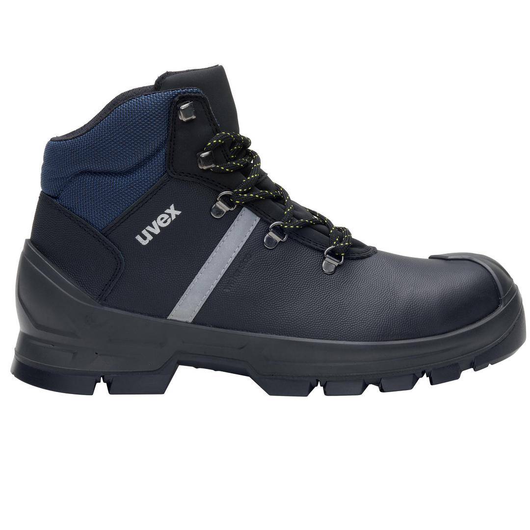 Dark blue safety shoe with lace-up fastening, grey stripe, heavy-duty sole and 'uvex' printed on the side. Suitable for occupational safety.