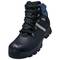 Waterproof black safety shoe with reinforced toe cap, thick sole, blue collar, and reflective details. Suitable for outdoor work.