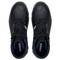 A pair of black safety shoes viewed from above, with a sturdy toe cap and yellow-black laces, brand 'uvex'.