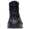 Black, robust work boot with yellow-black lace-up fastening and reinforced toe cap, pictured from the front.