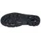 The underside of a black boot sole with a robust, non-slip tread that provides stability and grip on uneven terrain.