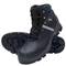 Two black safety shoes with a profiled sole, blue highlights, and laces.