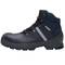 Black safety boots with a rugged sole, reinforced toe cap, and reflective details. Suitable for construction sites.